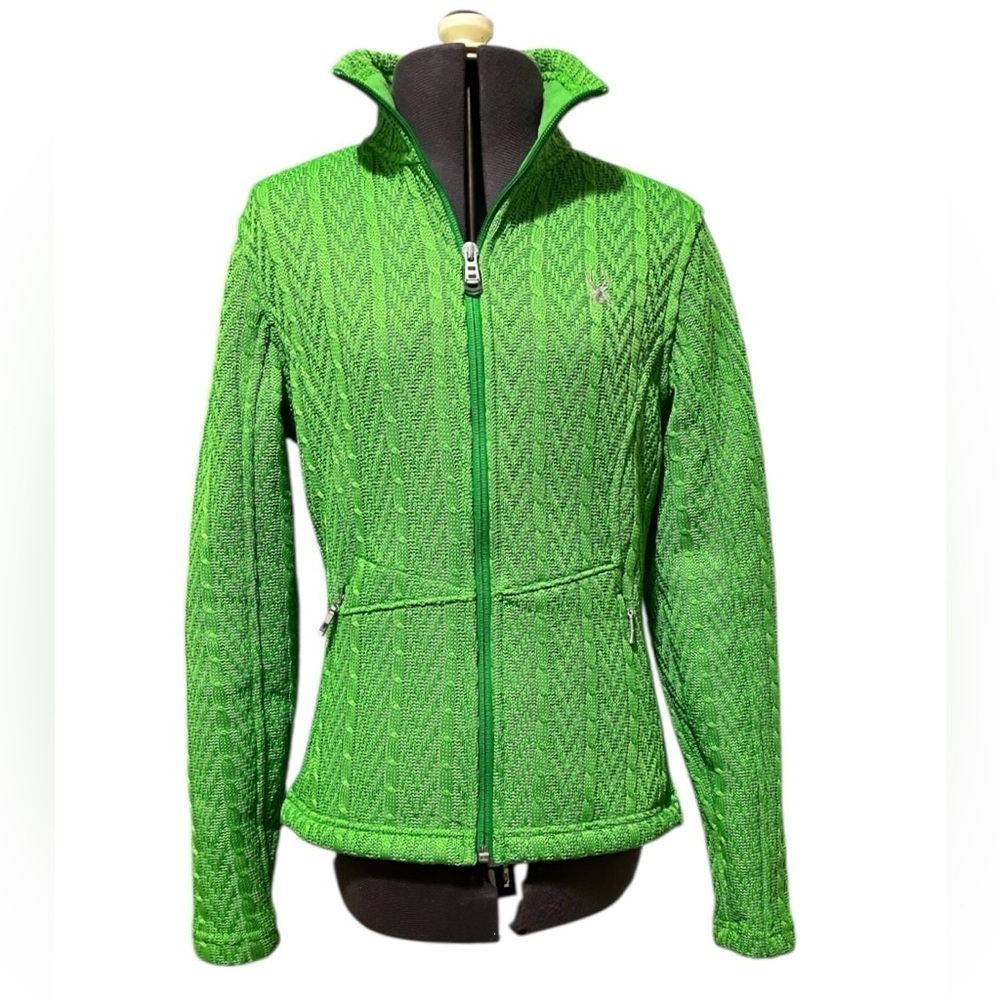 Spyder Major Cable Knit Neon Green Full Zip Fleece Lined Jacket Coat Size XS - Picture 1 of 13